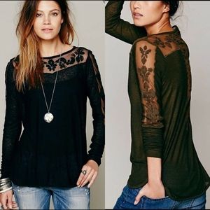 FP NEW ROMANTICS dark teal lace detail top xs